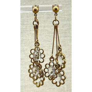 Flower Dangle Earrings Gold Tone and Clear Crystals with Secure Lock Back
